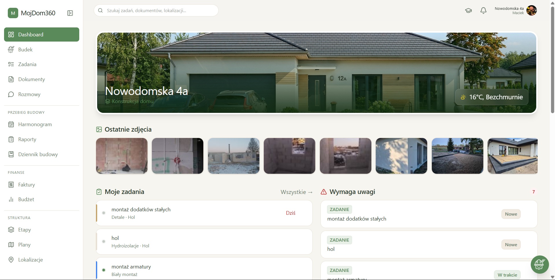 Mój Dom 360 w przeglądarce — dashboard inwestycji
