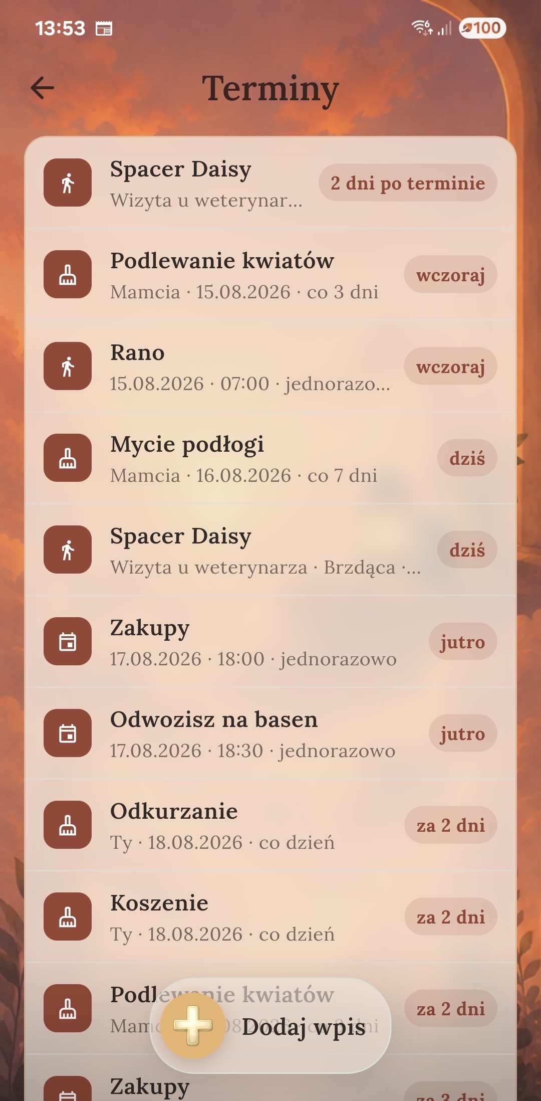 Lista terminów: dyżury, przeglądy, zwierzaki